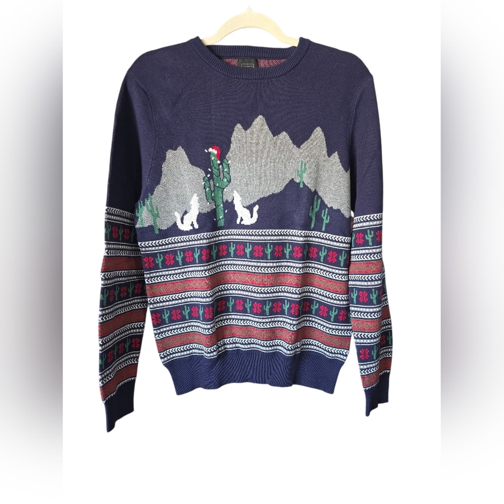 14th & Union Navy Wolf and Cactus Holiday Sweater Medium‎ Cotton and Acrylic.